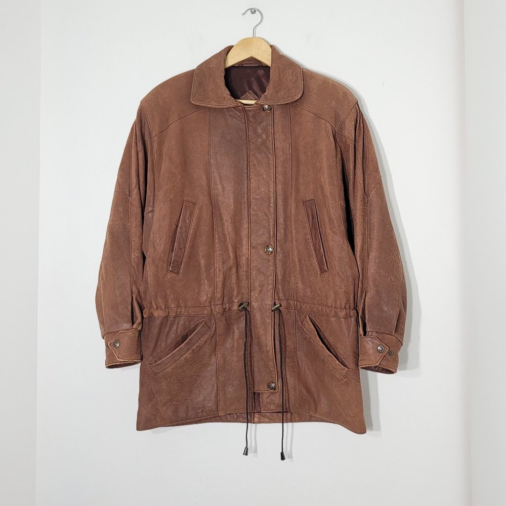 Maroc Cuir Vintage Brown Soft Leather Suede Touch Cinch Waist Jacket Lined Coat